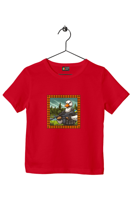 Футболка дитяча з принтом "Гусячий десант". Біологічна зброя, бойові гуси, військовий гусак, гусячий десант, зброєні сили, прапор, символіка, україна. 2070702