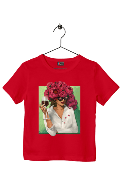Children's t-shirt with prints Girl with peonies and a glass. Flower, girl, glasses, goblet, peonies, shirt, summer, wine. 2070702