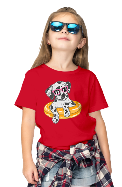Children's t-shirt with prints Dalmatian Swims In A Circle. Dalmatian, dog, glasses, to swim. 2070702
