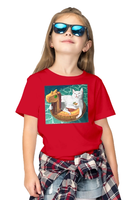 White cat in a swimming circle on vacation