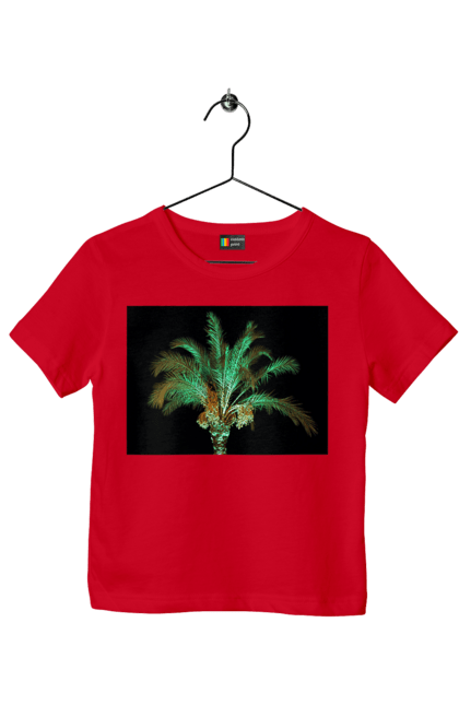 Футболка дитяча з принтом "Фінікова Пальма Вночі". Берег, відпочинок, відпустка, зелений, море, ніч, оазис, океан, острів, пальма, південь, подорож, пригоди, тропіки, фінікова, чорне. 2070702