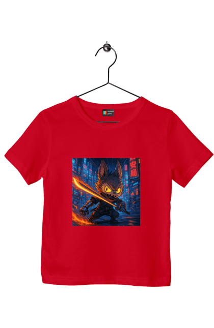 Футболка дитяча з принтом "Лабубу". Аніместиль, дія, катана, кіберніндзя, кіберпанк, лабубу, меч, неонове місто, очі` що світяться. 2070702