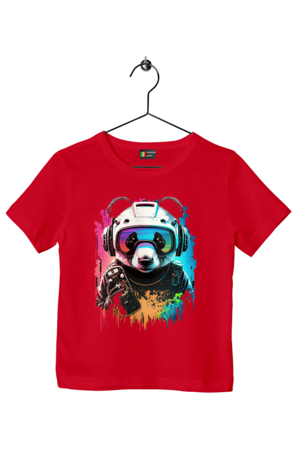 Children's t-shirt with prints Panda in VR Helmet. Character, geek, helmet, panda, virtual reality. 2070702
