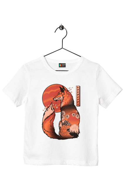 Children's t-shirt with prints Kitsune. Animal, cherry blossoms, flowers, fox, great wave, japan, japanese, kitsune, mount fuji, red fox. 2070702