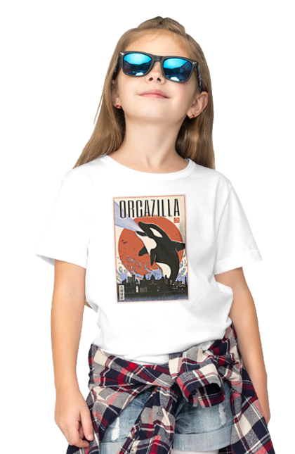 Children's t-shirt with prints Orcazilla. Cartoon style design, graphic, japan print, japanese, japanese art, japanese poster, japanese poster orca, ocean wildlife, orca, orcazilla. 2070702