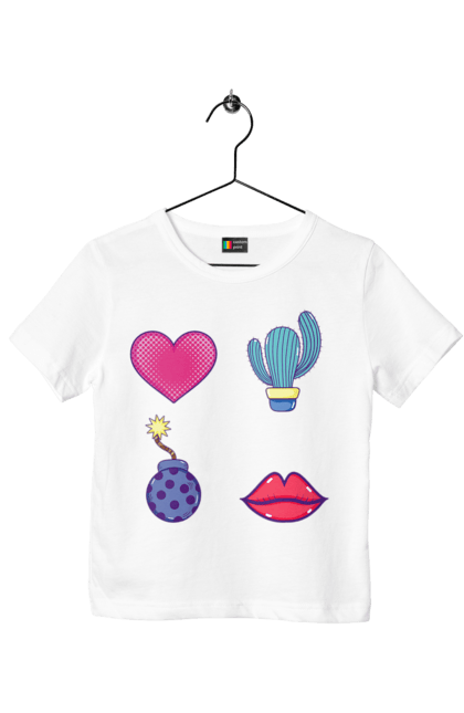 Футболка дитяча з принтом "Серце, Кактус, Бомба, Губи". Бомба, губи, кактус, серце. 2070702