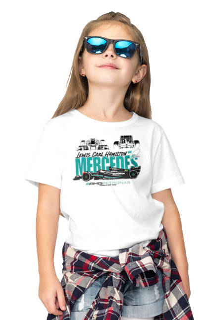 Children's t-shirt with prints Mercedes AMG Petronas F1 Team. Amg petronas, bolide, f1 team, formula 1, mercedes, motorsport, race, racing car, sport. 2070702