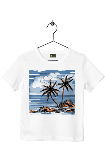 Футболка дитяча з принтом "Пальми І Небо". Море, небо, пальми, хмари. 2070702