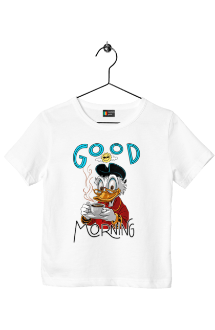 Футболка детская с принтом Скрудж Макдак. Scrooge mcduck, uncle scrooge, дисней, дядя скрудж, кофе, макдак, скрудж, скрудж макдак, чашка. 2070702