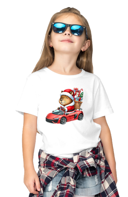 Children's t-shirt with prints Christmas Capybara with a Gift. Animal, capybara, car, christmas, christmas capybara, gift, holiday, new year, new year`s gift, santa. 2070702