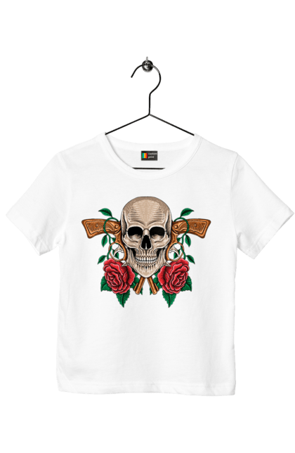 Children's t-shirt with prints Skull with roses. Bones, eyes, flowers, gun, leaves, rose flower, scull, spikes, teeth. 2070702