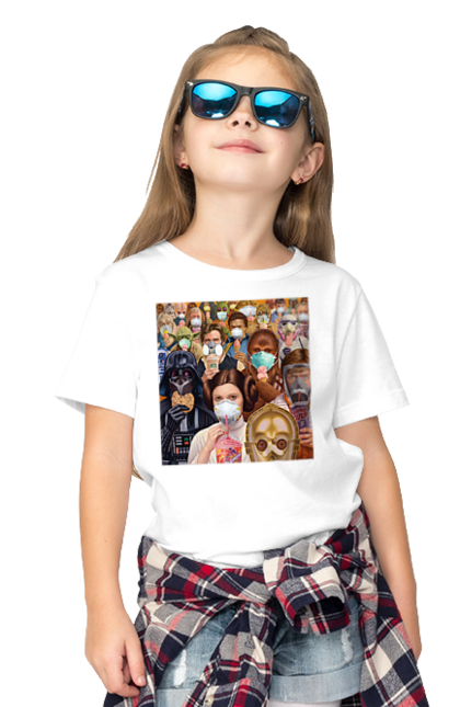 Children's t-shirt with prints All Heroes Quarantined. Cartoon, coronavirus, heroes, mask, movie, quarantine, superheroes. CustomPrint.market