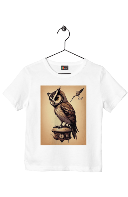 Children's t-shirt with prints Art owl in steampunk style. Art, owl, steampunk. CustomPrint.market