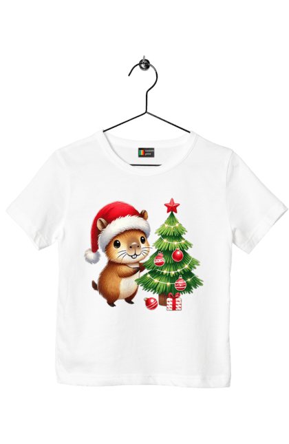 Children's t-shirt with prints Christmas Capybara with a Tree. Animal, capybara, christmas, christmas capybara, christmas tree, gift, holiday, new year, new year`s gift, santa. 2070702