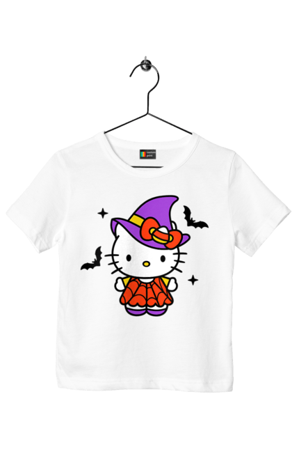 Футболка детская с принтом Хелло Китти Хэллоуин. Halloween, hello kitty, witch, бренд, ведьма, кот, котенок, персонаж, хелло китти, хэллоуин. 2070702