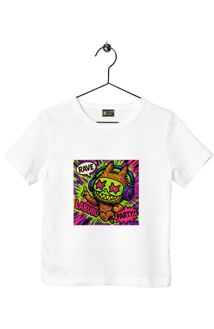 Футболка дитяча з принтом "Лабубу". Вечірка, вуличне мистецтво, графіті, зоряніочі, коміксстиль, лабубу, навушники, неон, попарт, рейв. 2070702