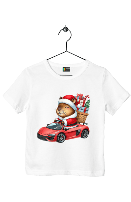 Children's t-shirt with prints Christmas Capybara with a Gift. Animal, capybara, car, christmas, christmas capybara, gift, holiday, new year, new year`s gift, santa. 2070702