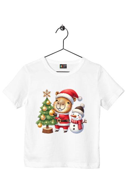 Children's t-shirt with prints Christmas Capybara with a Tree. Animal, capybara, christmas, christmas capybara, christmas tree, gift, holiday, new year, new year`s gift, santa. 2070702