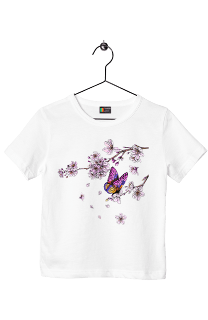 Футболка дитяча з принтом "Метелик І Сакура". Весна, дерево, метелик, сакура. 2070702