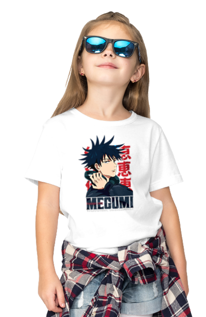 Children's t-shirt with prints Jujutsu Kaisen Megumi. Anime, dark fantasy, fushiguro, fushiguro megumi, jujutsu kaisen, magic battle, manga, megumi, mystic. 2070702