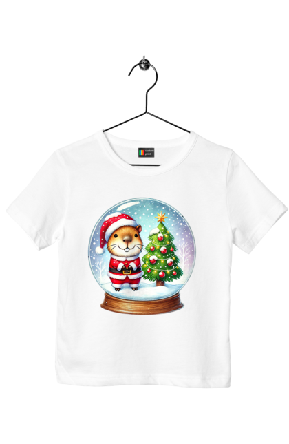 Children's t-shirt with prints Christmas Capybara with a Tree. Animal, capybara, christmas, christmas capybara, christmas tree, gift, holiday, new year, new year`s gift, santa. 2070702