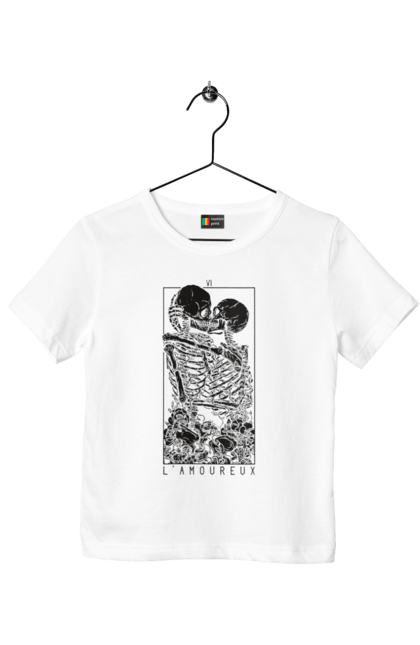 Children's t-shirt with prints Skeletons in love. Bones, kiss, love, scull, skeletons, tarot, teeth. 2070702