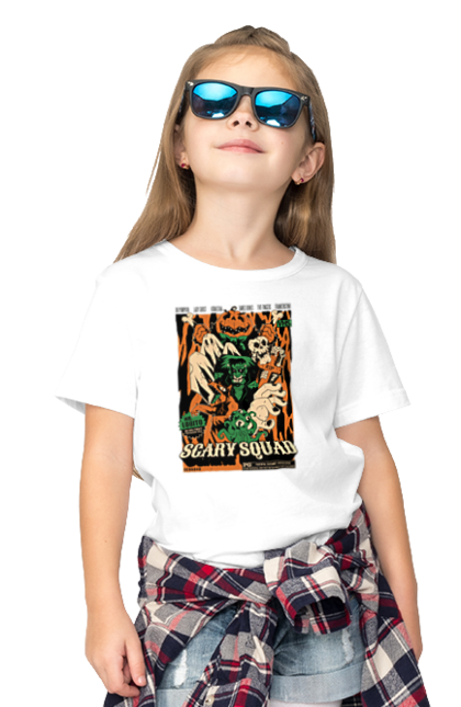 Children's t-shirt with prints Halloween Scary Squad. Costume, ghost, halloween, holiday, october, october 31, pumpkin, skeleton, sweets, trick or treat. 2070702