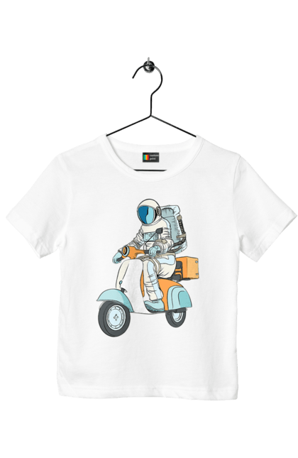 Футболка дитяча з принтом "Космонавт на мотоциклі". Космонавт, космос, мотоцикл. 2070702
