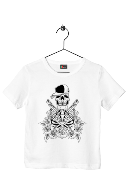 Children's t-shirt with prints Skeleton with pistols. Black and white, bones, cap, gun, roses, scull, skeleton, teeth. 2070702