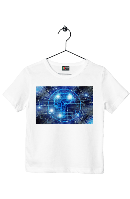 Футболка дитяча з принтом "Штучний інтелект". Айті, айтішник, гік, знання, інженер, інтелект, кібер, кібернетика, кіборг, код, комп, комп`ютерник, кристал, машинне навчання, мікросхема, мозок, портрет, програміст, професіонал, професія, розробник, розум, хакер, чіп, штучний інтелект, штучний розум. 2070702
