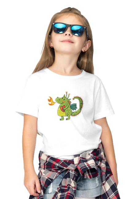 Children's t-shirt with prints Dragon in love. Dragon, fire, green dragon, heart, hearts, love, new year, symbol 2024. 2070702
