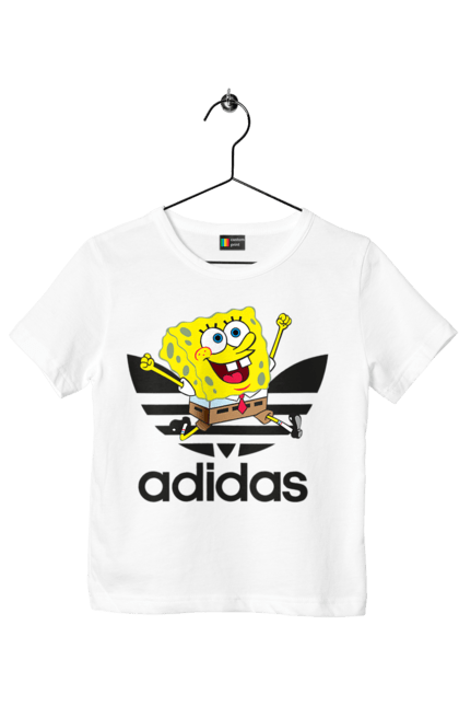 Футболка детская с принтом Adidas Губка Боб. Adidas, spongebob, адидас, баскетбол, губка боб, мультик, мультсериал, мяч, спанч боб, спорт. 2070702