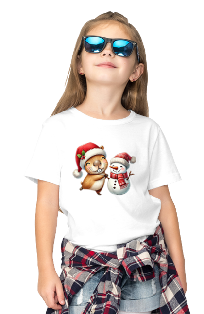 Children's t-shirt with prints Capybara and Snowman. Animal, capybara, christmas, christmas capybara, gift, holiday, new year, new year`s gift, santa, snowman. 2070702