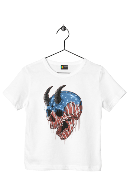 Children's t-shirt with prints Skull with horns. America, bones, dye, flag, horns, scull, states, teeth, usa. 2070702