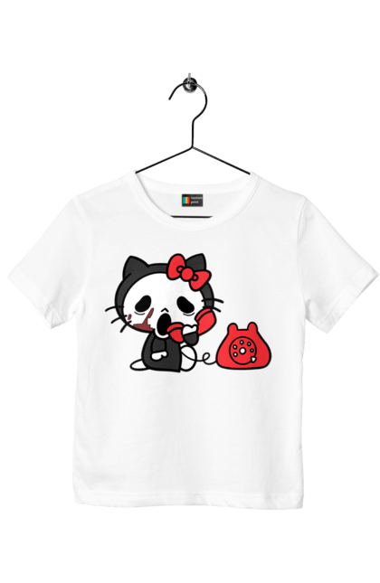 Футболка детская с принтом Хелло Китти Хэллоуин. Halloween, hello kitty, бренд, кот, котенок, персонаж, хелло китти, хэллоуин. 2070702