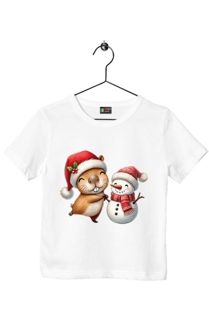 Children's t-shirt with prints Capybara and Snowman. Animal, capybara, christmas, christmas capybara, gift, holiday, new year, new year`s gift, santa, snowman. 2070702