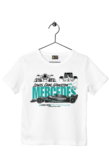 Children's t-shirt with prints Mercedes AMG Petronas F1 Team. Amg petronas, bolide, f1 team, formula 1, mercedes, motorsport, race, racing car, sport. 2070702