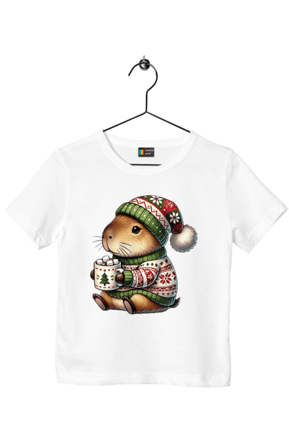 Children's t-shirt with prints Capybara with hot chocolate. Animal, capybara, christmas, christmas capybara, gift, holiday, hot chocolate, new year, santa. 2070702