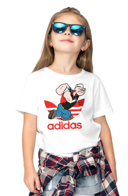 Футболка детская с принтом Adidas Моряк Попай. Adidas, popeye the sailor, адидас, комикс, моряк, мультфильм, сериал, трубка. 2070702