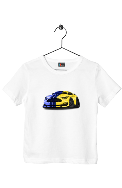 Футболка дитяча з принтом "Український мустанг". Жовто блакитне авто, кольори україни, машина, мустанг, суперкар, форд мустанг, шелбі. 2070702