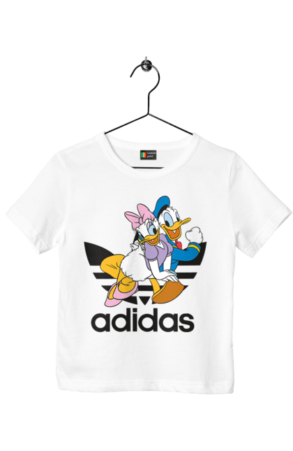 Футболка детская с принтом Adidas Дональд Дак. Adidas, daisy duck, donald duck, адидас, дейзи дак, дональд дак, мультсериал, мультфильм. 2070702