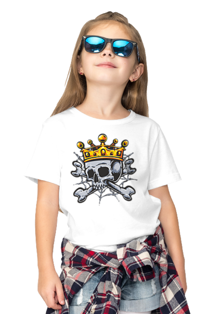 Children's t-shirt with prints Skull with crown. Bones, crown, king, scull, teeth, web. 2070702