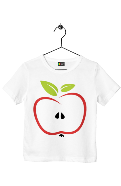 Футболка дитяча з принтом "Яблуко". В розрізі, веган, вегетаріанець, делікатес, дієта, їжа, листя, літо, плід, половина, половинка, смачно, стигле, урожай, червоне, яблуко, яблучко. ART принт на футболках
