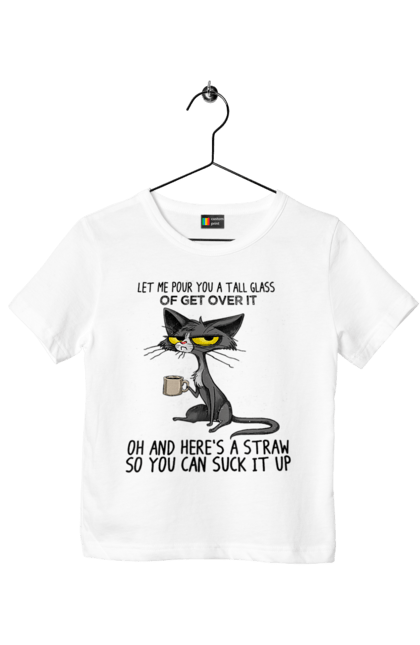 Футболка дитяча з принтом "Як це пережити?". Велика склянка, випий, все відмінно, йди нахуй, кіт і кухоль, налий, роздум, смоктати, як це подолати. 2070702
