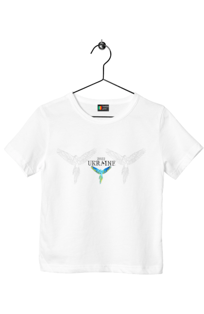 Футболка дитяча з принтом "Україна 2022". 2022, війна, дизайн, контур, папуги, патріотичне, прапор, птах, україна. 2070702