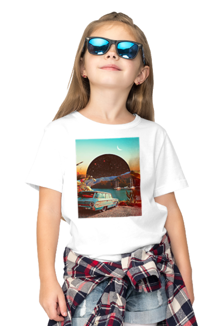 Футболка дитяча з принтом "Картина, машина біля річки". Картина, машина, планета, прикол, ретро, річка. 2070702