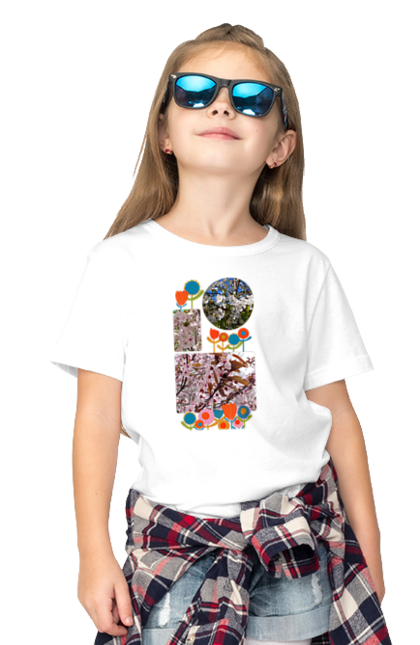 Children's t-shirt with prints Bright spring flowers. Bloom, bright, cheerful, cherry, collage, flowers, original, playful, sakura. CustomPrint.market