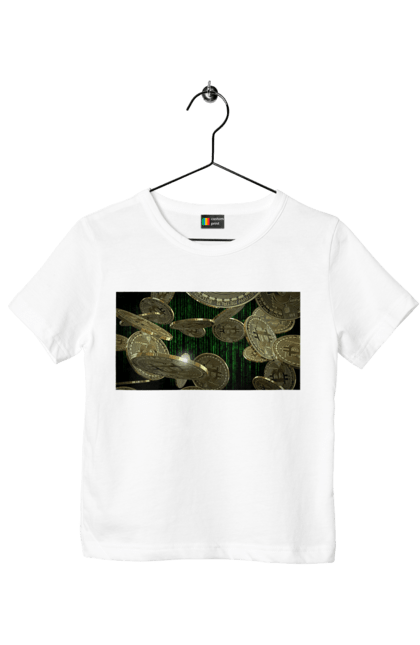 Футболка дитяча з принтом "Біткойн". Багатство, біткойн, валюта, гроші, криптовалюта, курс, майнінг, матриця, монета, розкіш, цифровий світ. 2070702