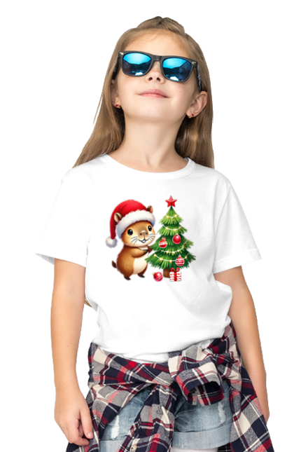 Children's t-shirt with prints Christmas Capybara with a Tree. Animal, capybara, christmas, christmas capybara, christmas tree, gift, holiday, new year, new year`s gift, santa. 2070702