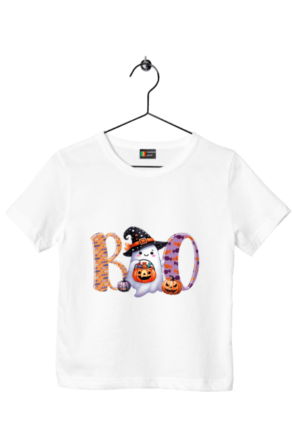 Children's t-shirt with prints Halloween Ghost. Costume, ghost, halloween, holiday, october, october 31, scary, sweets, trick or treat. 2070702